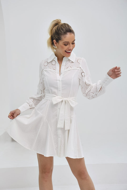 Image of Dresses. Productname: Heychic Claudette Eyelet Broderie Mini Dress in White colour by brand - Heychic