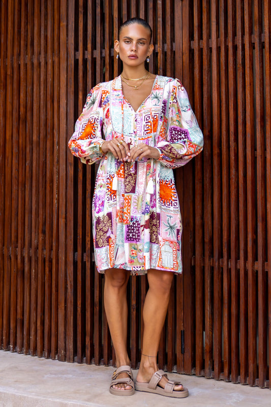 Image of Dresses. Product name - Sirocca Multicolour Patchwork Mini Dress in Multi colour by brand - Heychic