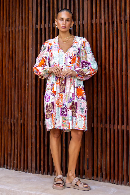 Image of Dresses. Product name - Sirocca Multicolour Patchwork Mini Dress in Multi colour by brand - Heychic
