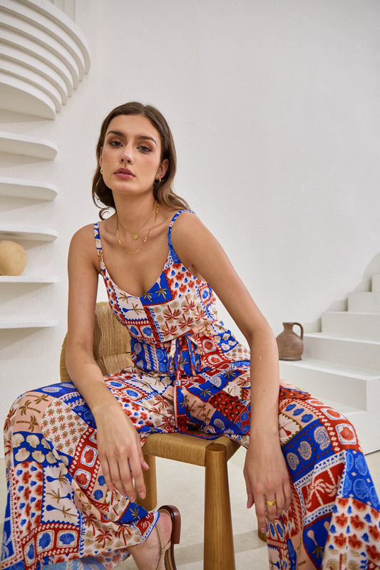 Image of a model wearing Outerwear. Productname: Heychic Cordelia Abstract Patchwork Jumpsuit in Blue colour by brand - Heychic