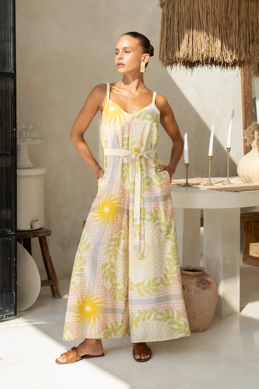 Image of a model wearing Outerwear. Productname: Heychic Aurea Pink Abstract Jumpsuit in Yellow colour by brand - Heychic