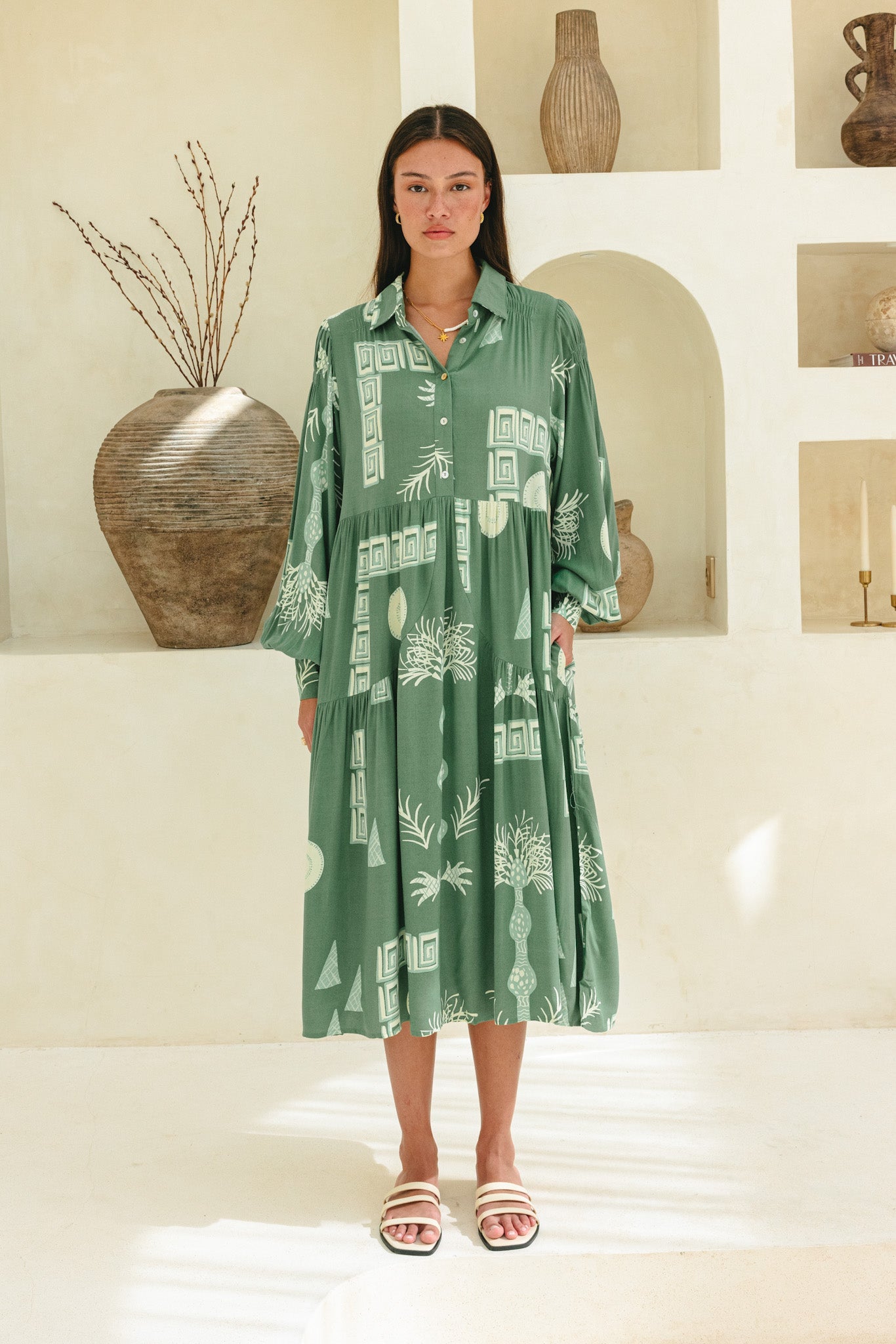 Heychic Verda Tropical Long Sleeve Midi Dress (Green)
