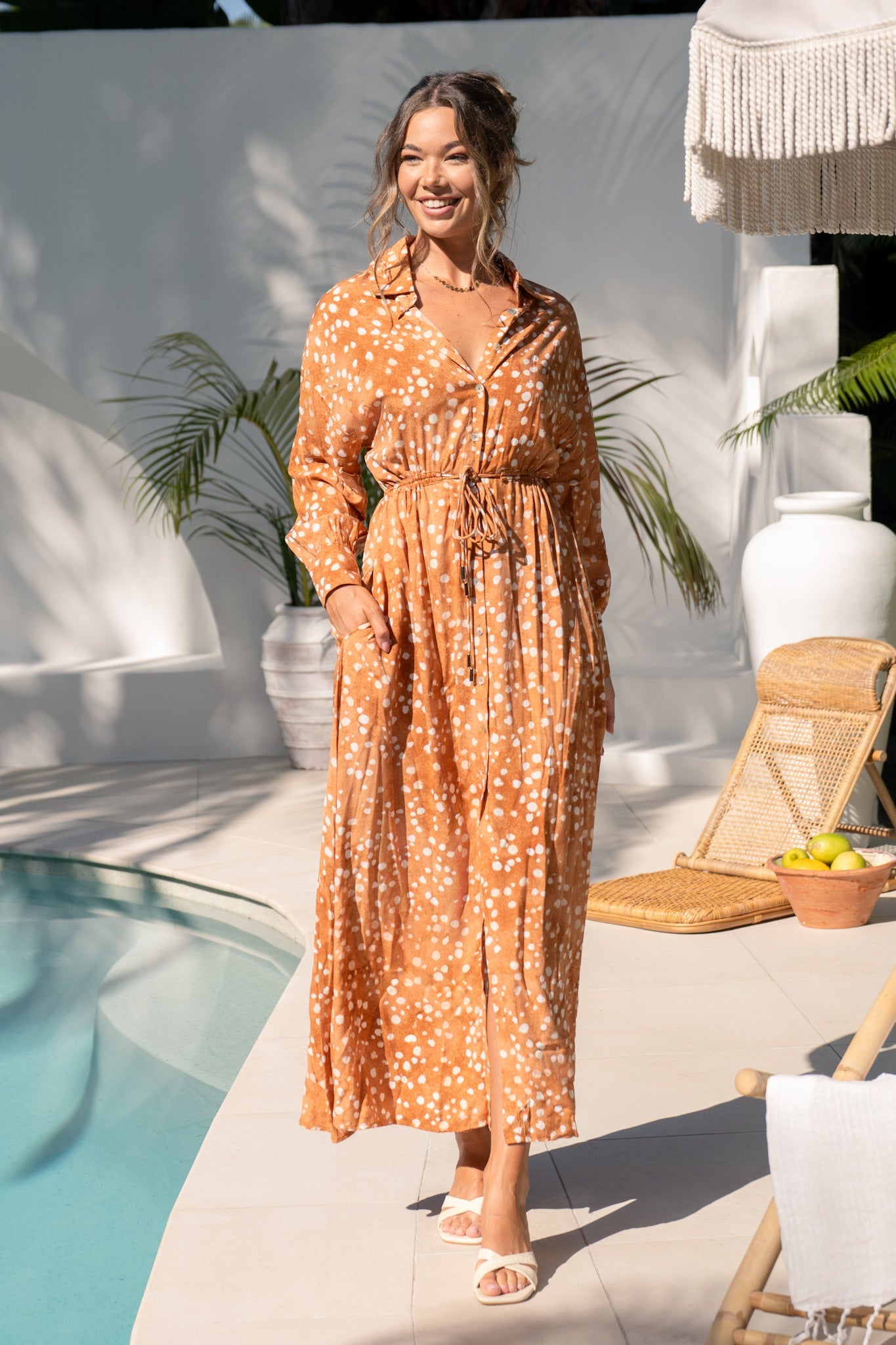 Heychic Lira Spot Shirt Maxi Dress (Brown)