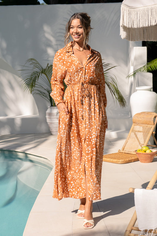 Heychic Lira Spot Shirt Maxi Dress (Brown)