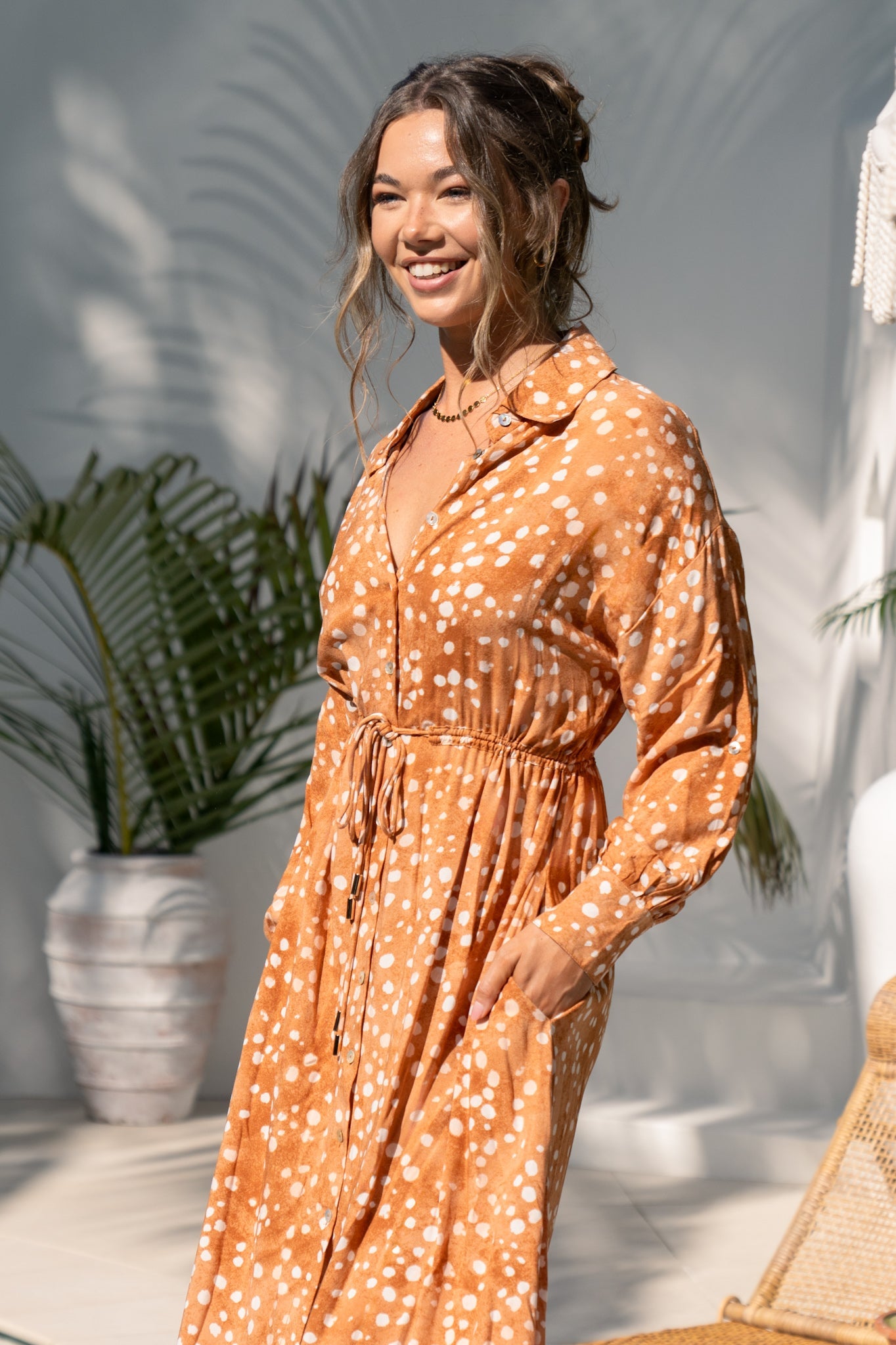 Heychic Lira Spot Shirt Maxi Dress (Brown)