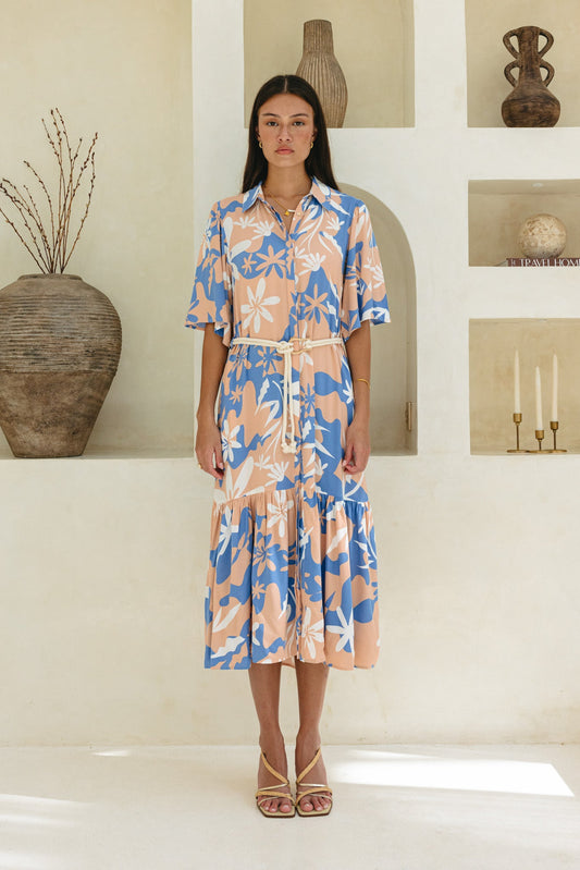 Heychic Carys Orange Floral Belted Midi Dress (Blue)