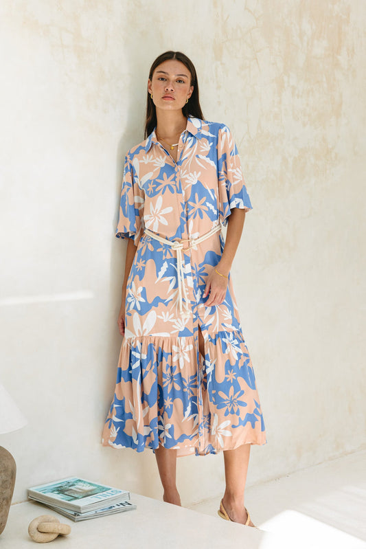 Image of Dresses. Productname: Heychic Carys Orange Floral Belted Midi Dress in Blue colour by brand - Heychic
