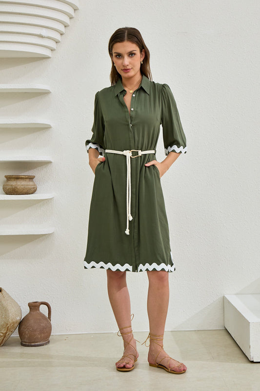 Image of Dresses. Productname: Heychic Keller Green Ric Rac Midi Dress in Khaki colour by brand - Heychic