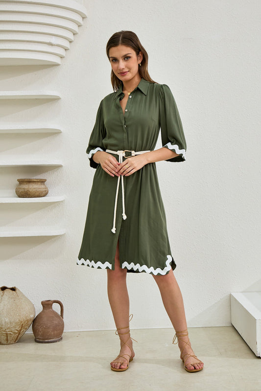 Heychic Keller Green Ric Rac Midi Dress (Khaki)