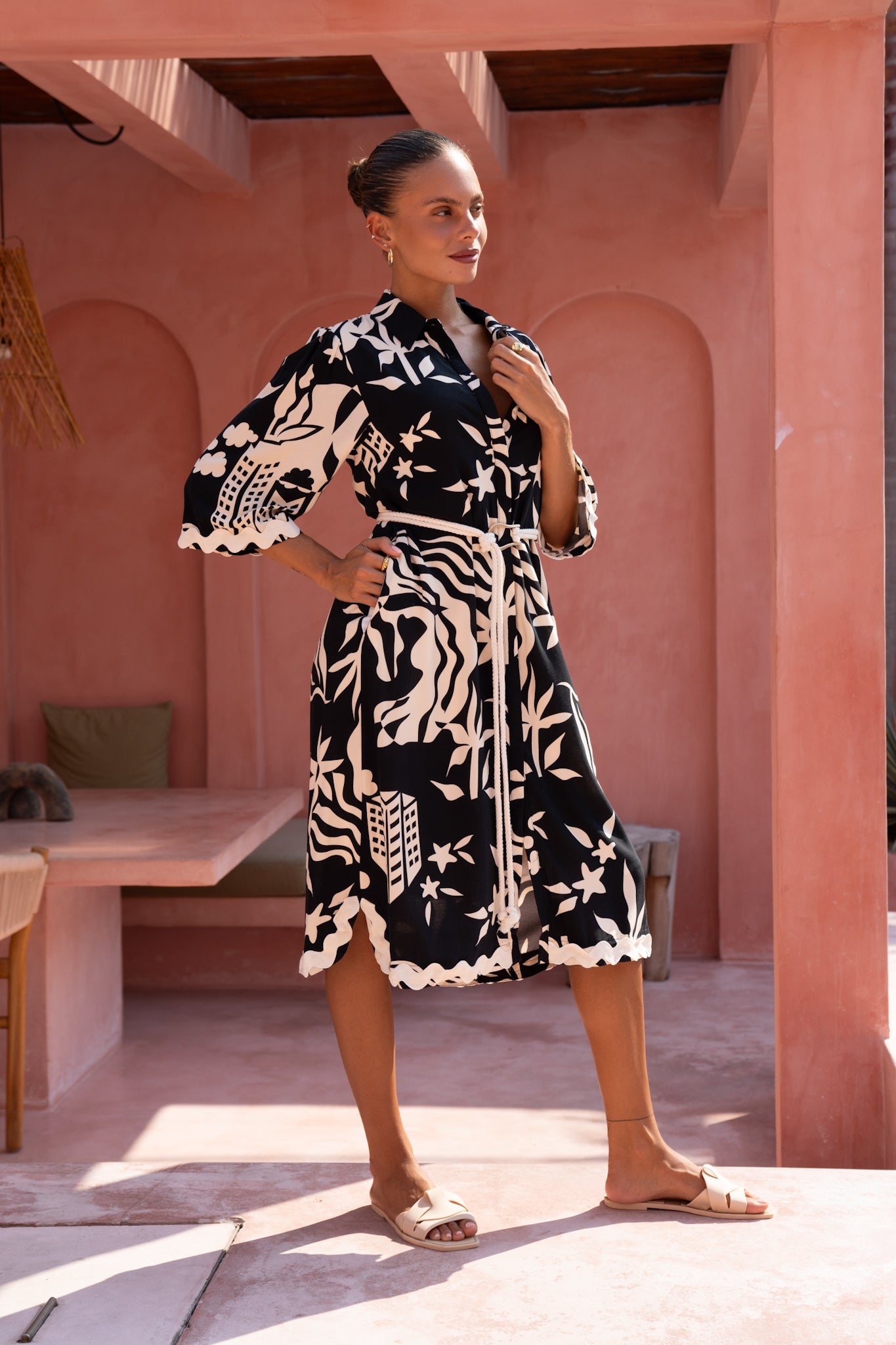Heychic Cali Abstract Ric Rac Midi Dress (Black)