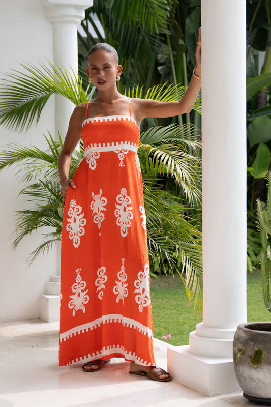 Image of Dresses. Productname: Heychic Levana Abstract Flared Maxi Dress in Orange colour by brand - Heychic