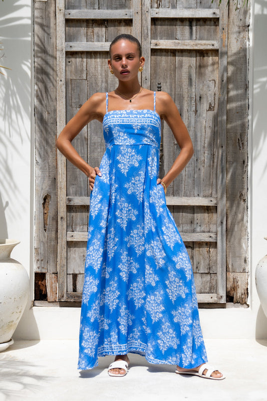 Image of Dresses. Productname: Heychic Myrrah Floral Flared Maxi Dress in Blue colour by brand - Heychic