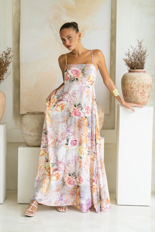 Image of Dresses. Productname: Heychic Carmella Pink Floral Flared Maxi Dress in Pink colour by brand - Heychic