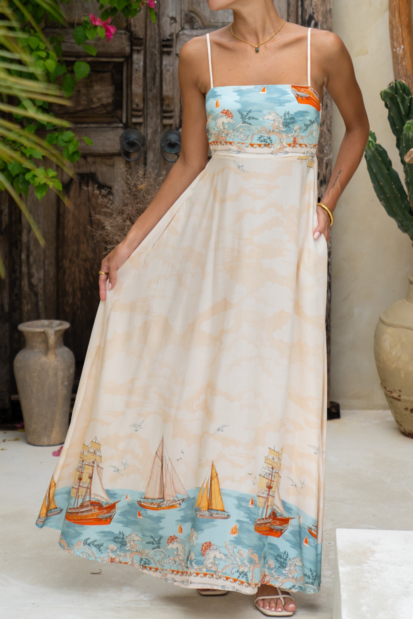 Heychic Marisol Blue Abstract Flared Maxi Dress (Beige)