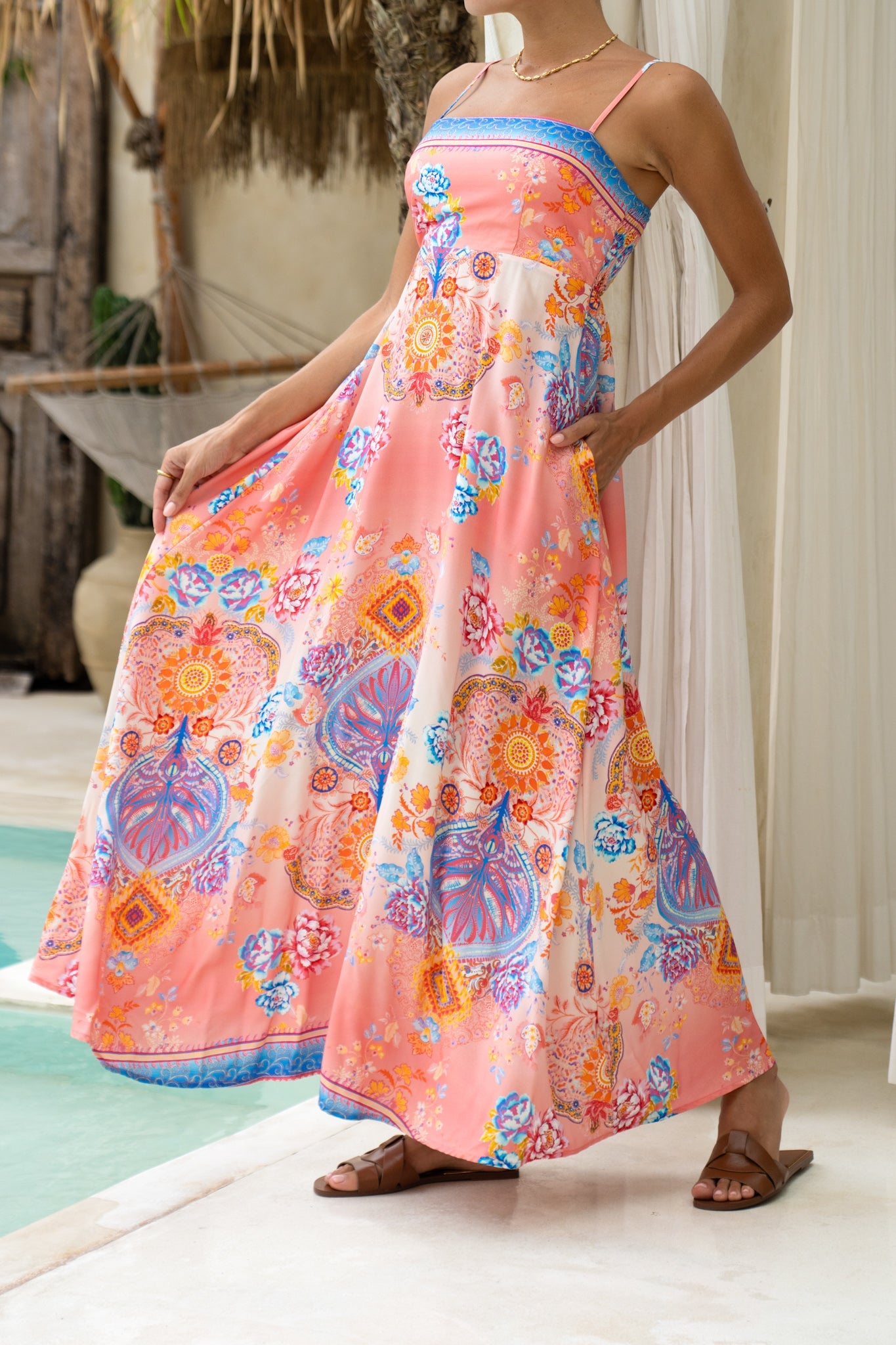 Heychic Serafina Pink Boho Flared Maxi Dress (Blue)
