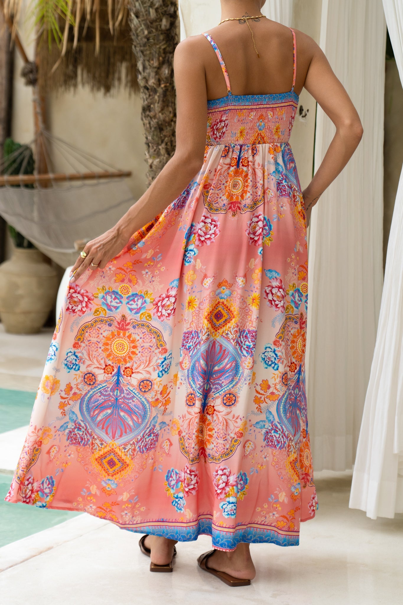 Heychic Serafina Pink Boho Flared Maxi Dress (Blue)