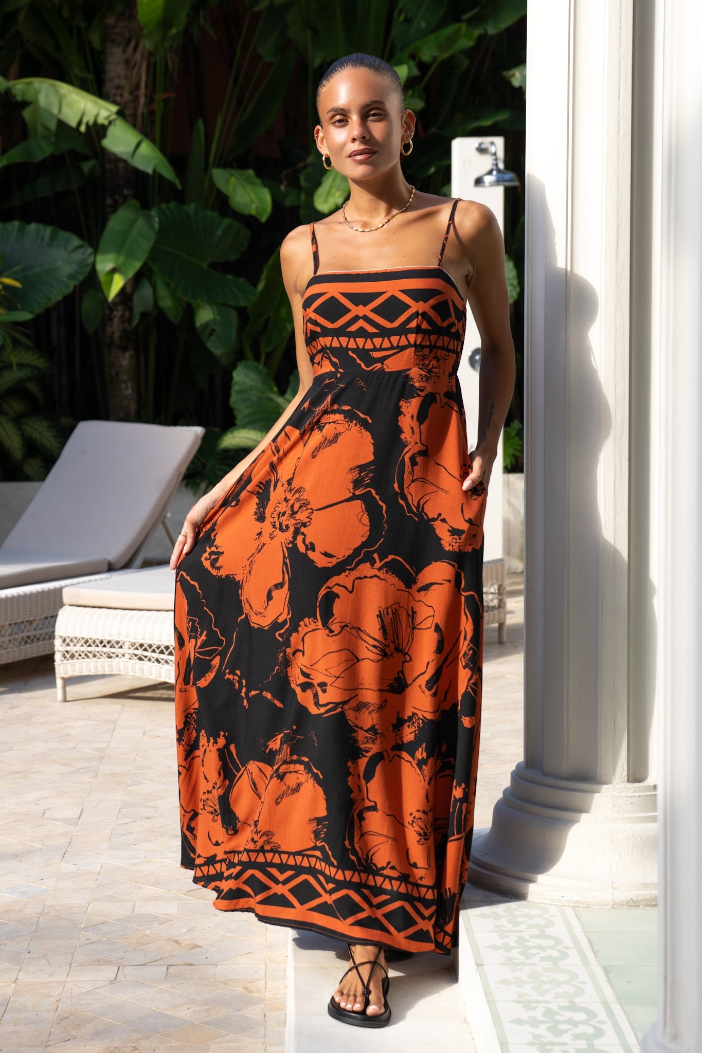 Heychic Rinata Floral Flared Maxi Dress (Brown)