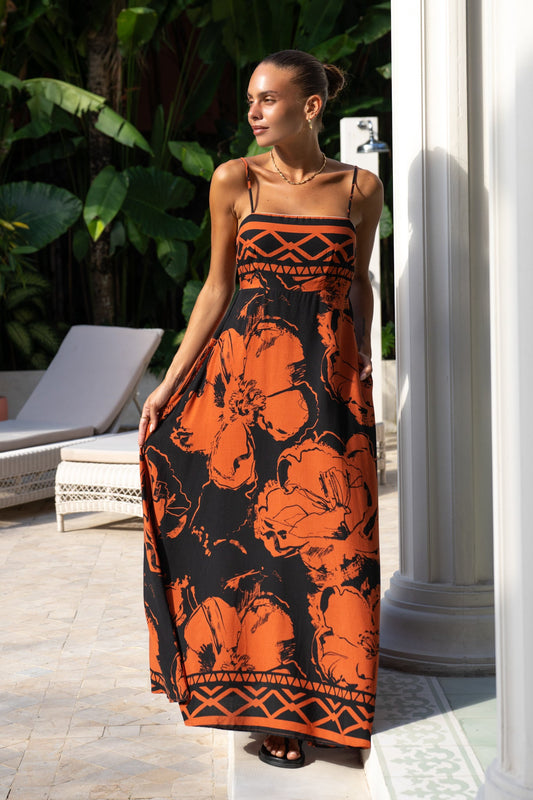 Image of Dresses. Productname: Heychic Rinata Brown Floral Flared Maxi Dress in Brown colour by brand - Heychic