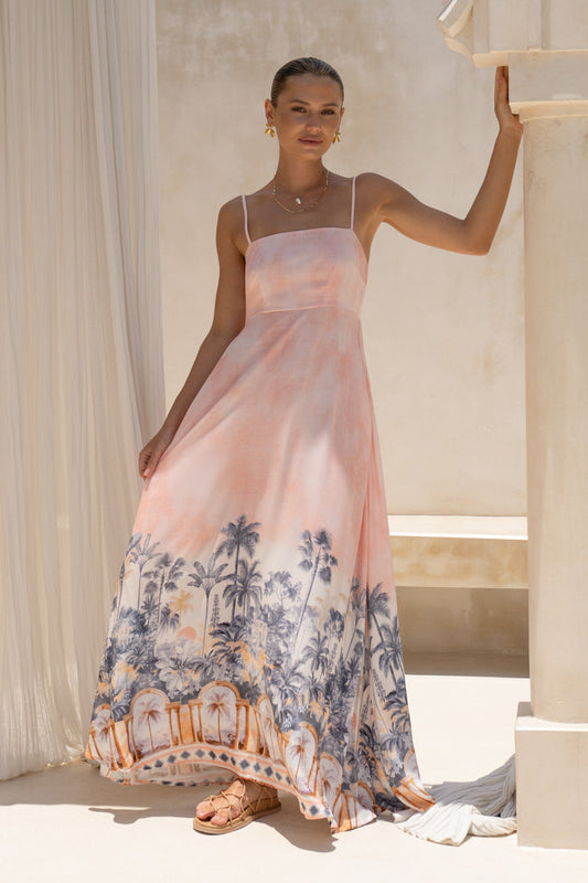 Image of Dresses. Productname: HEYCHIC Marzella Pink Tropical Flared Maxi Dress in Pink colour by brand - HEYCHIC