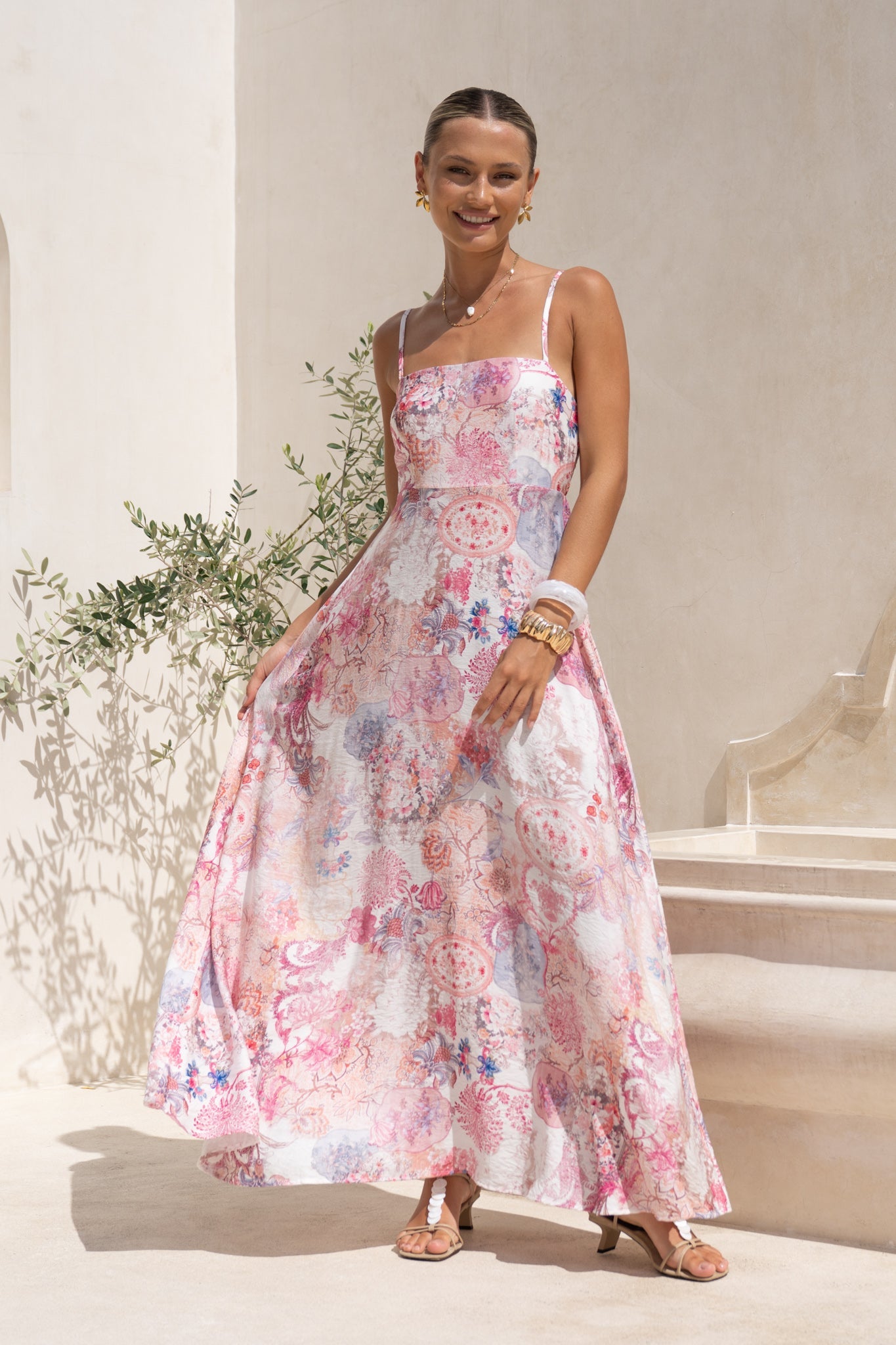 Image of Dresses. Product name - Gezelle Pink Floral Flared Maxi Dress in Floral colour by brand - HEYCHIC