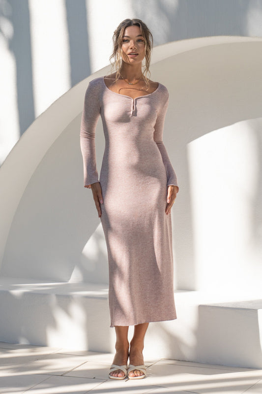 Image of Dresses. Productname: Heychic Effie Long Sleeve Ribbed Maxi Dress in Pink colour by brand - Heychic