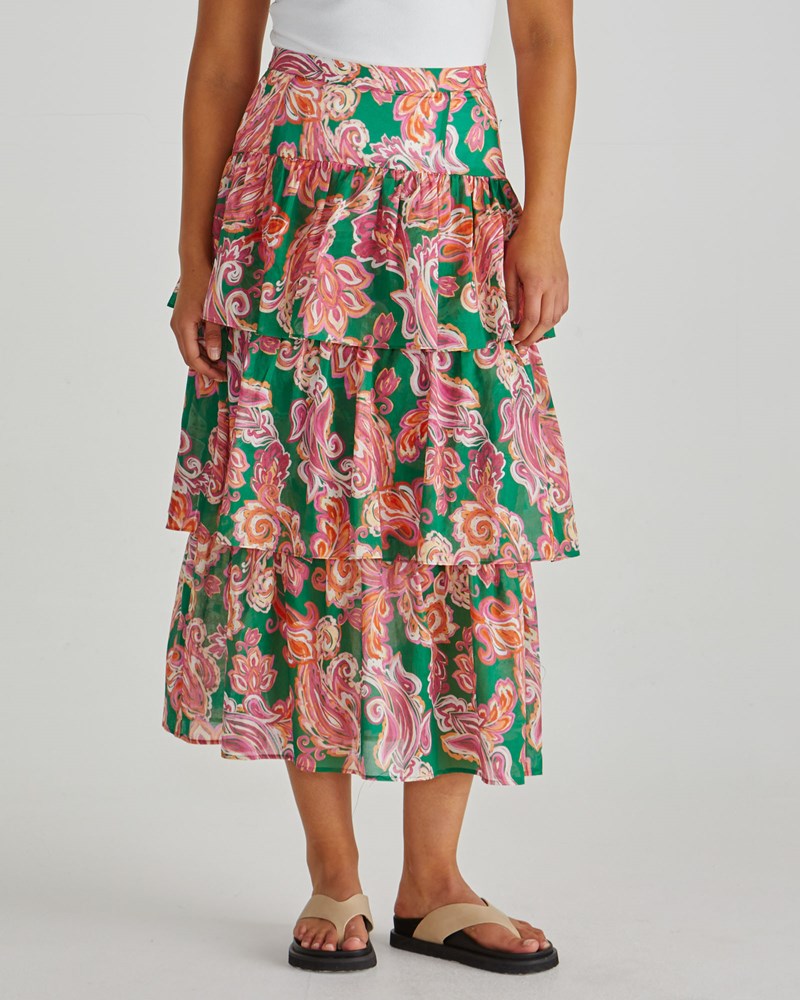 Sass Clothing Malia Frill Layer Skirt (Pink Green Paisley)