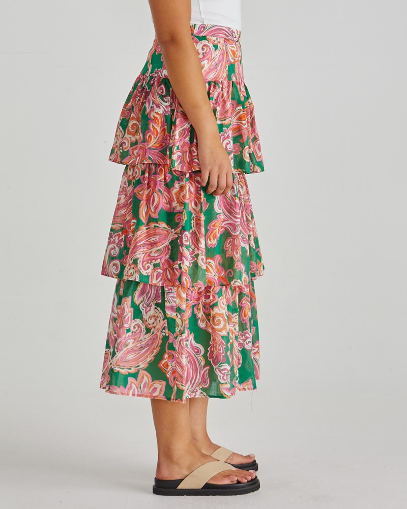 Sass Clothing Malia Frill Layer Skirt (Pink Green Paisley)
