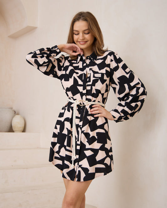 Image of Dresses. Productname: Heychic Nyx Abstract Geo Long Sleeve Belted Mini Dress in Black colour by brand - Heychic