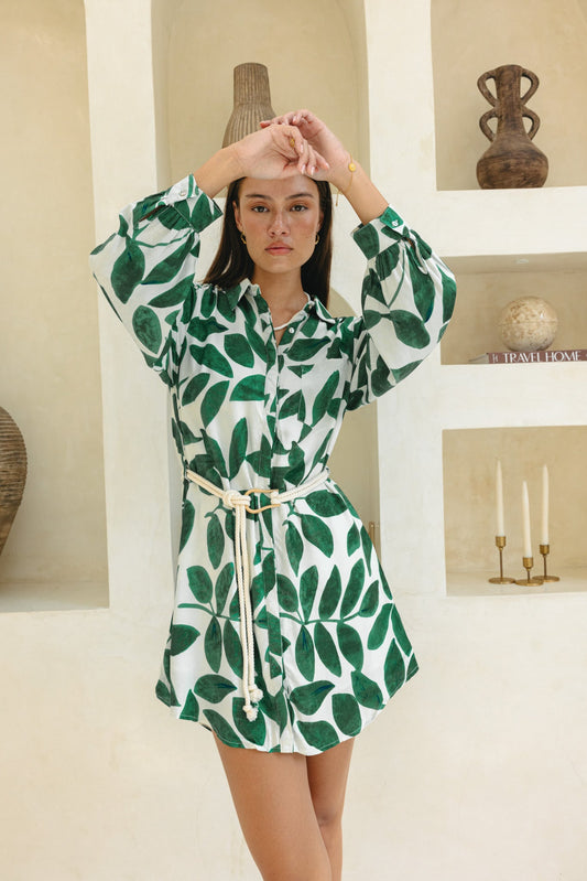 Image of Dresses. Productname: Heychic Ivy Tropical Long Sleeve Belted Mini Dress in Green colour by brand - Heychic