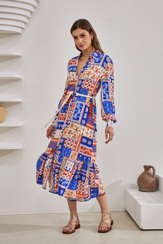Heychic Cordelia Abstract Patchwork Belted Midi Dress (Blue)