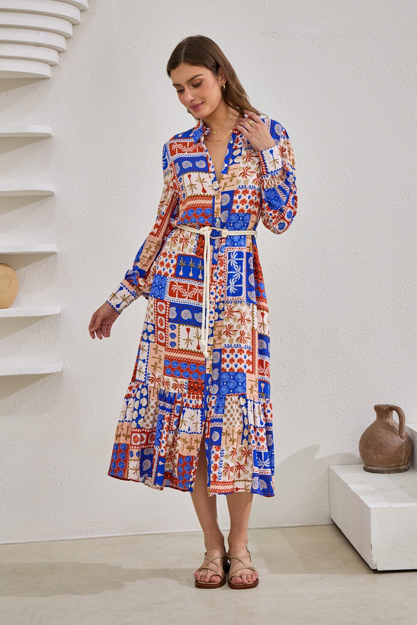 Heychic Cordelia Abstract Patchwork Belted Midi Dress (Blue)