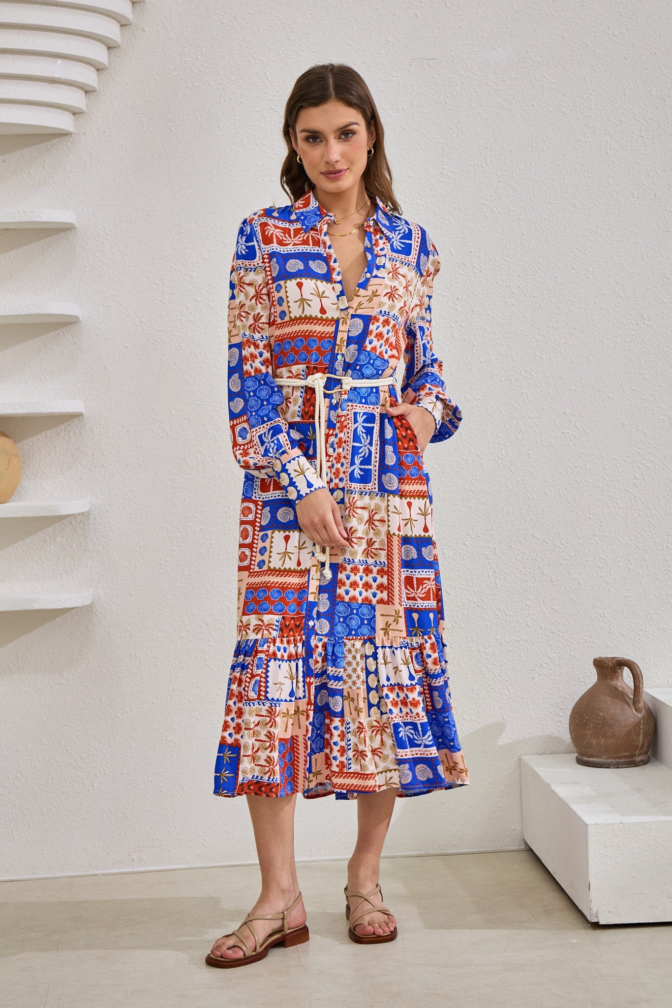 Image of Dresses. Productname: Heychic Cordelia Abstract Patchwork Belted Midi Dress in Blue colour by brand - Heychic