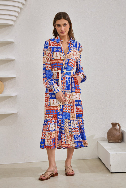 Image of Dresses. Productname: Heychic Cordelia Abstract Patchwork Belted Midi Dress in Blue colour by brand - Heychic