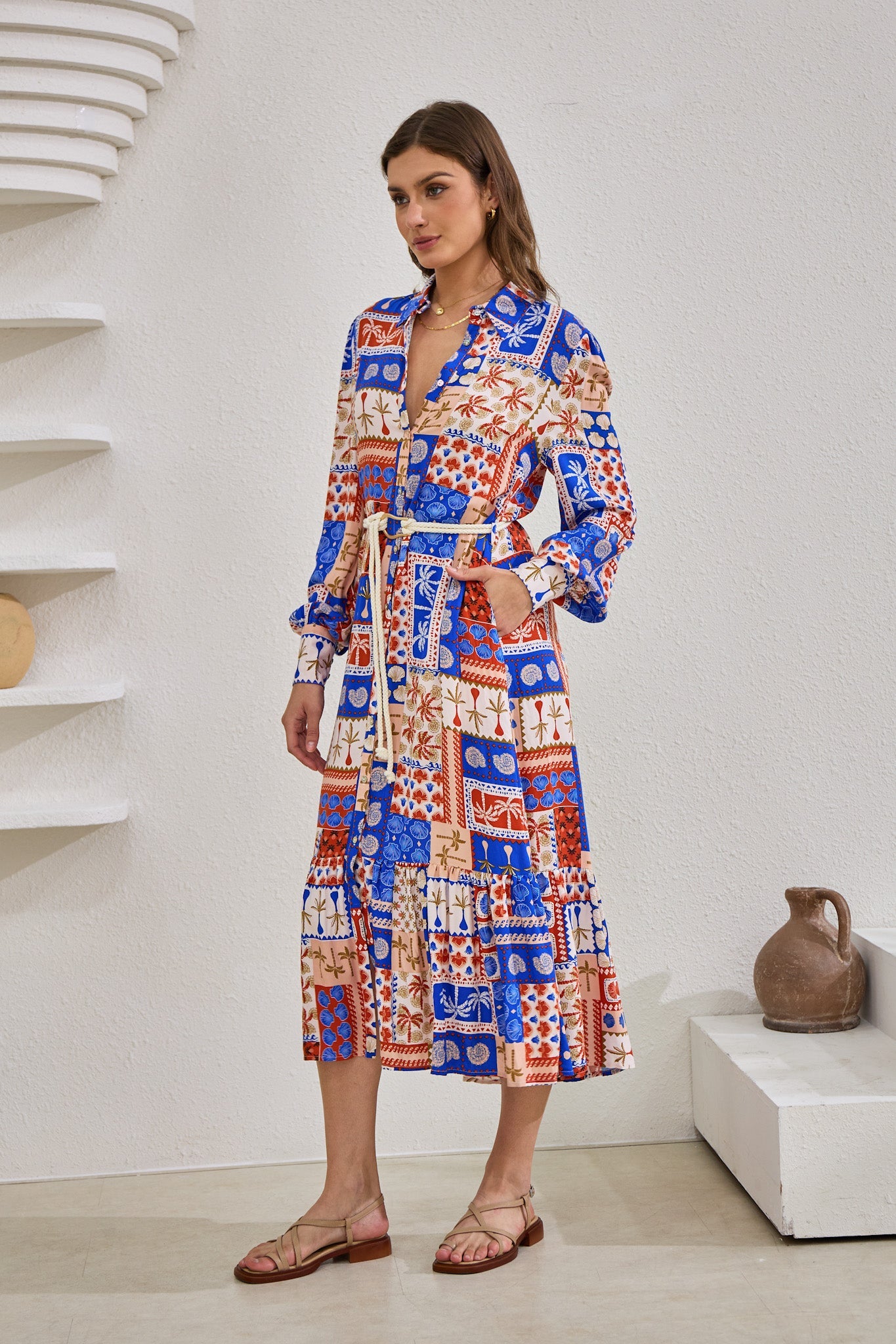 Heychic Cordelia Abstract Patchwork Belted Midi Dress (Blue)