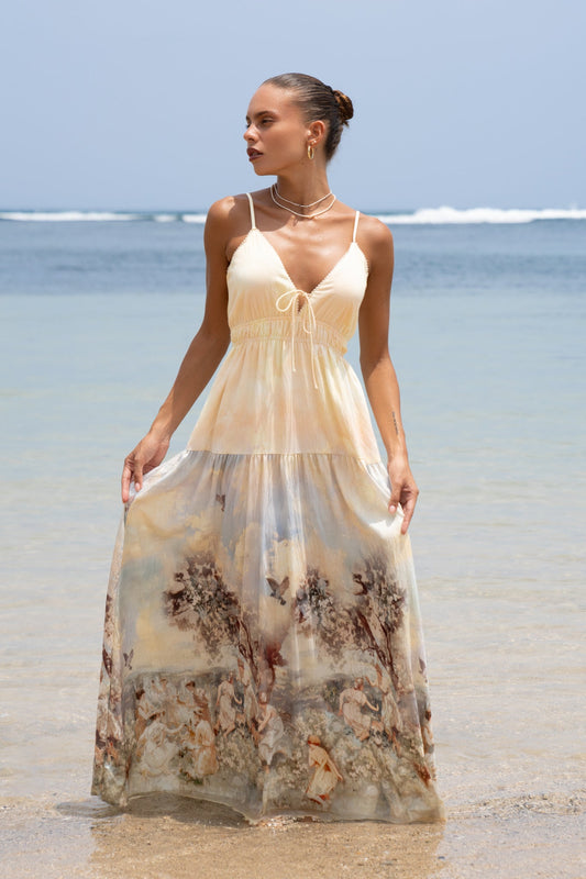 Image of Dresses. Productname: Heychic Lavinia Blue Abstract Maxi Dress in Yellow colour by brand - Heychic