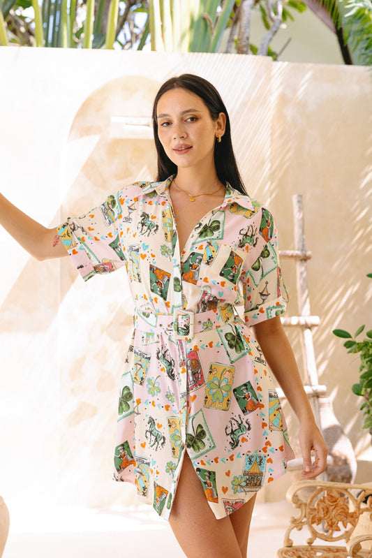 Image of Dresses. Productname: Heychic Chance Pink Abstract Belted Mini Dress in Pink colour by brand - Heychic