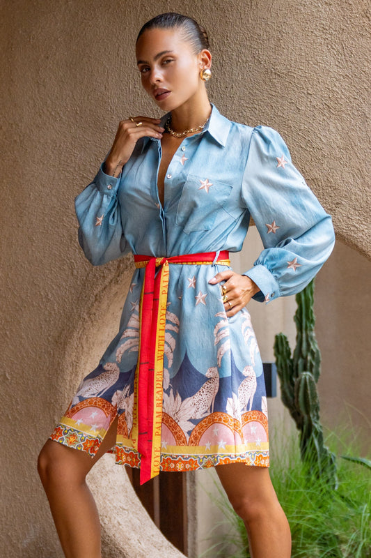 Image of Dresses. Productname: Heychic Amalita Tropical Belted Long Sleeve Mini Dress in Blue colour by brand - Heychic