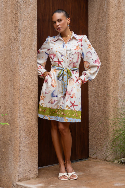 Image of Dresses. Productname: Heychic Lauriane Abstract Belted Long Sleeve Mini Dress in Multicolour colour by brand - Heychic