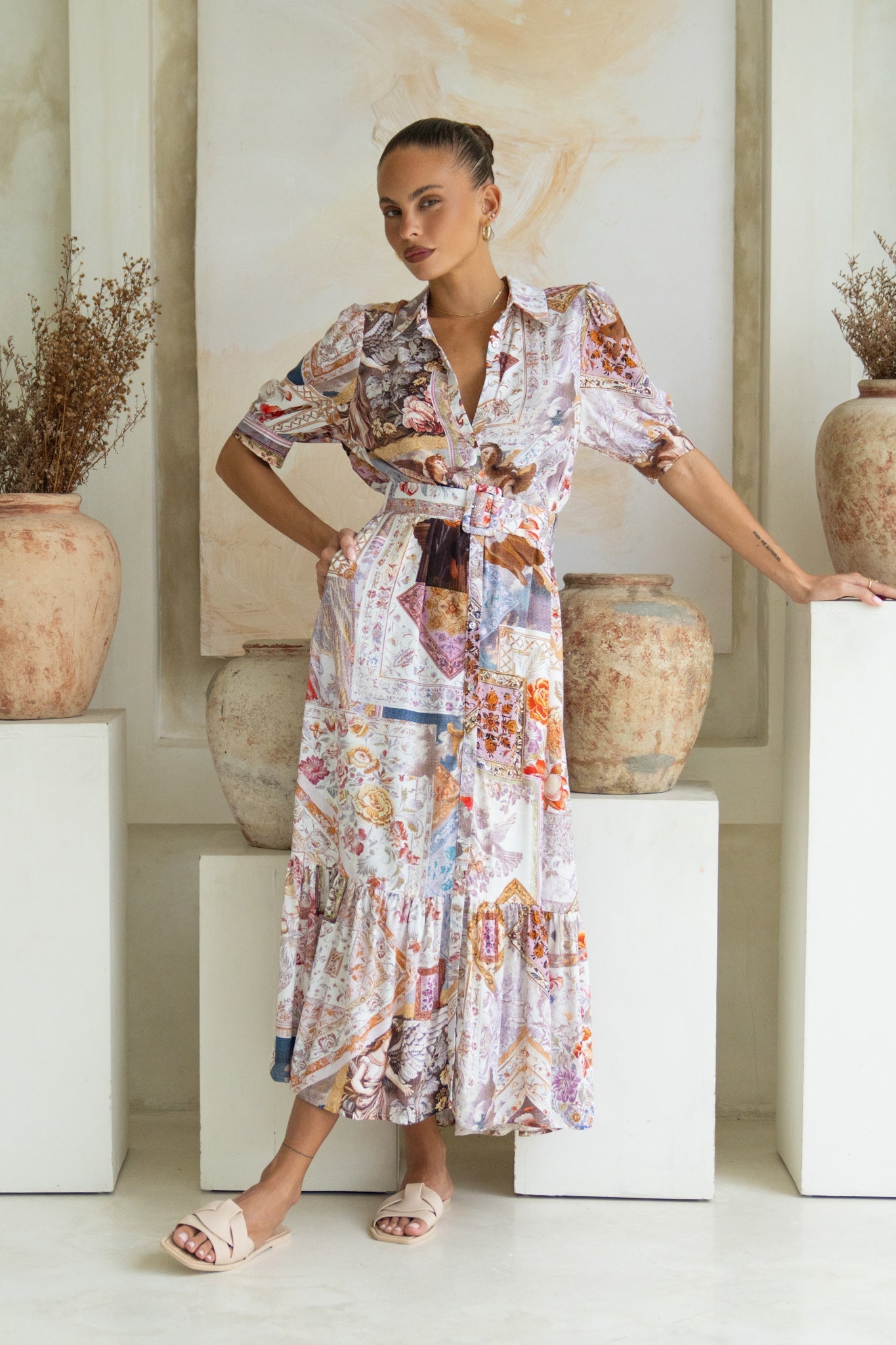 Image of Dresses. Productname: Heychic Kasia Beige Lilac Abstract Belted Midi Dress in Beige colour by brand - Heychic