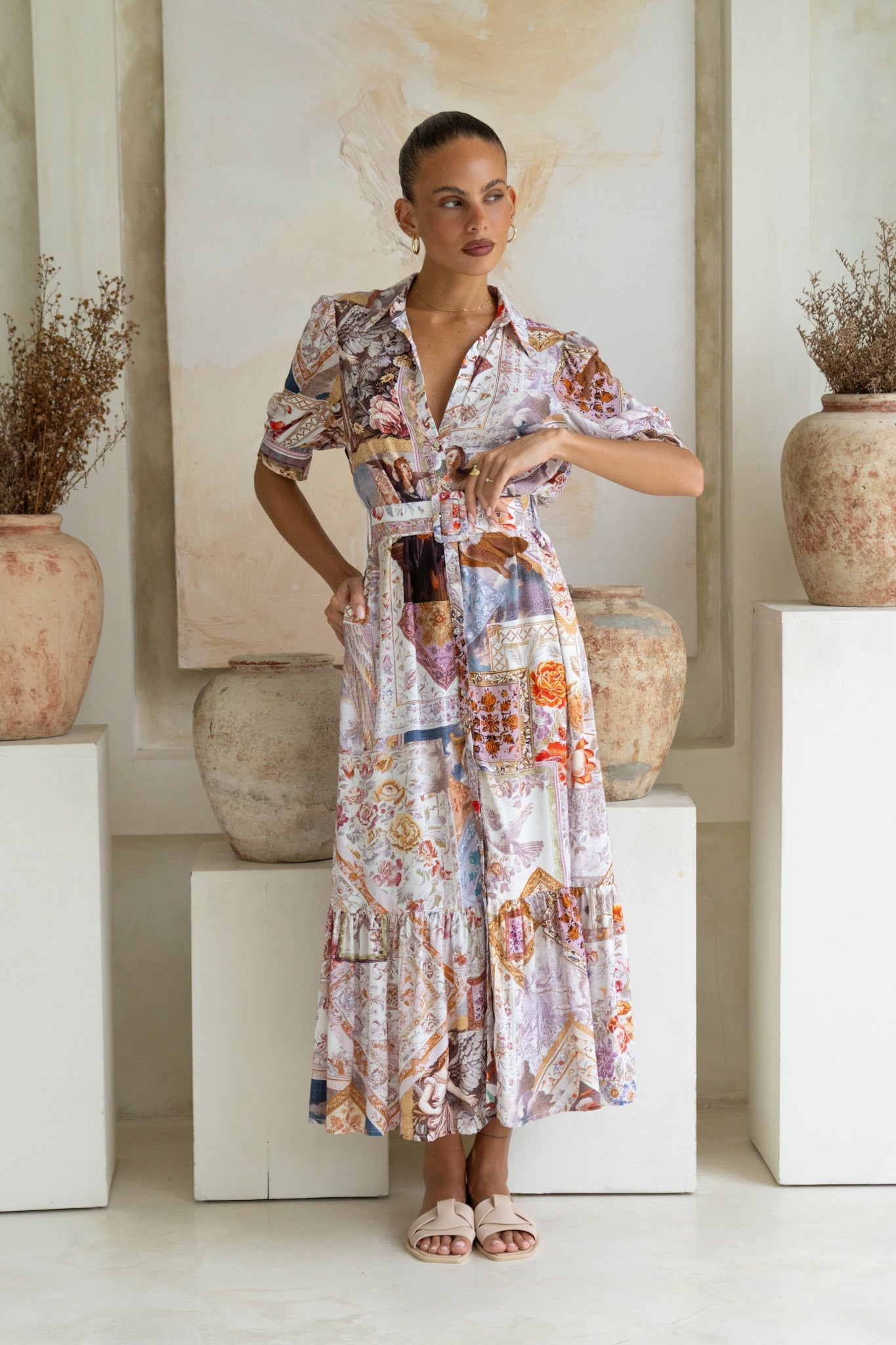 Heychic Kasia Lilac Abstract Belted Midi Dress (Beige)