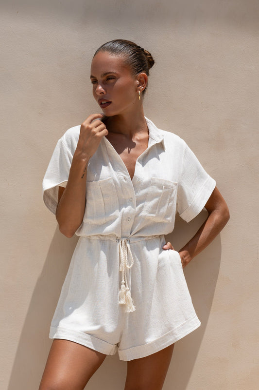 Image of a model wearing Outerwear. Productname: Heychic Ines Beige Collared Playsuit in Beige colour by brand - Heychic