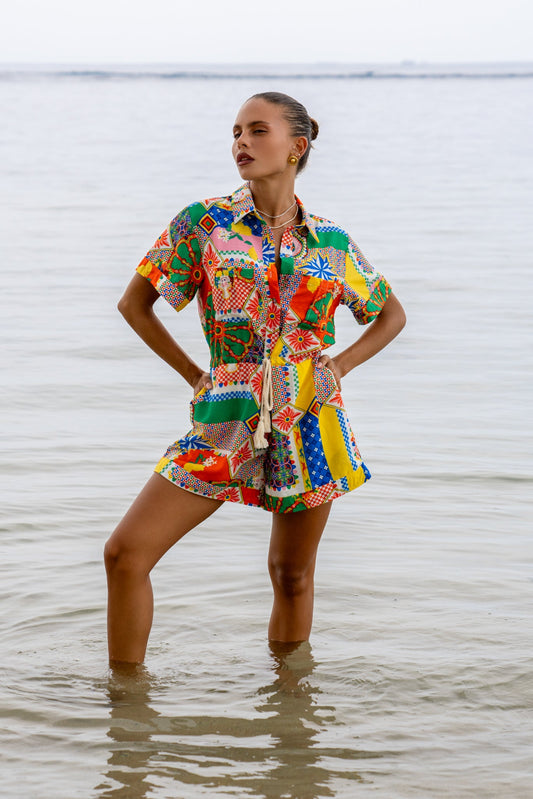 Image of a model wearing Outerwear. Productname: Heychic Allegra Patchwork Playsuit in Multicolour colour by brand - Heychic