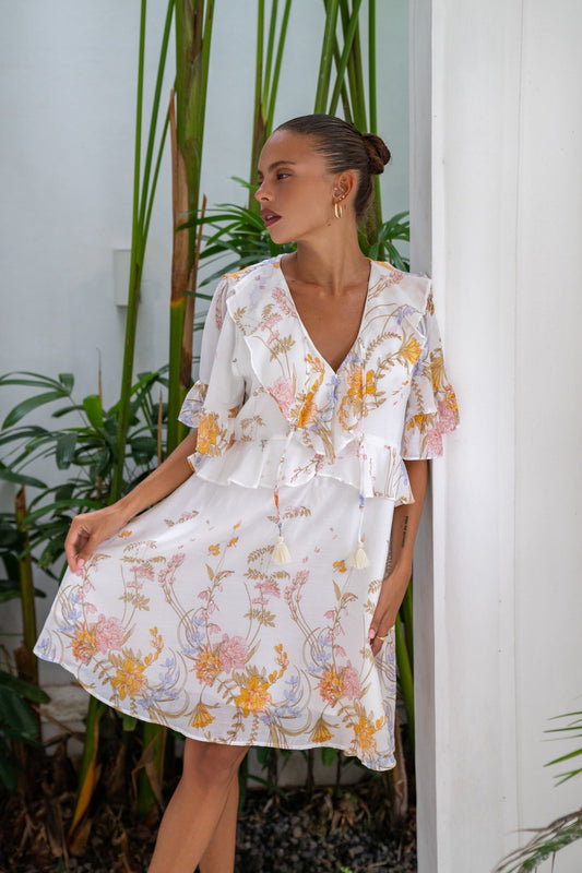 Image of Dresses. Product name - Emmeline Yellow Floral Ruffle Mini Dress in Floral colour by brand - Heychic