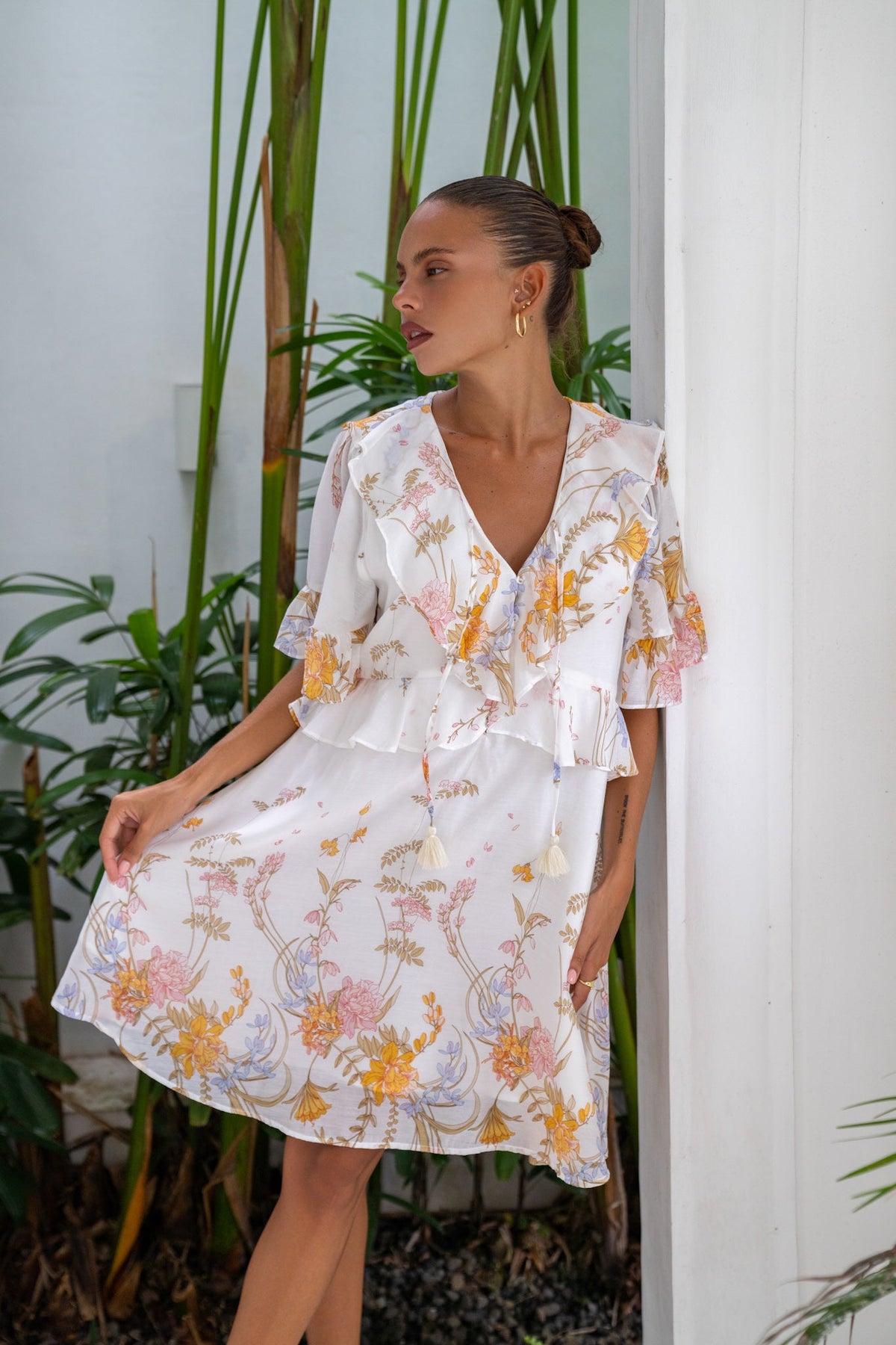 Image of Dresses. Product name - Emmeline Yellow Floral Ruffle Mini Dress in Floral colour by brand - Heychic
