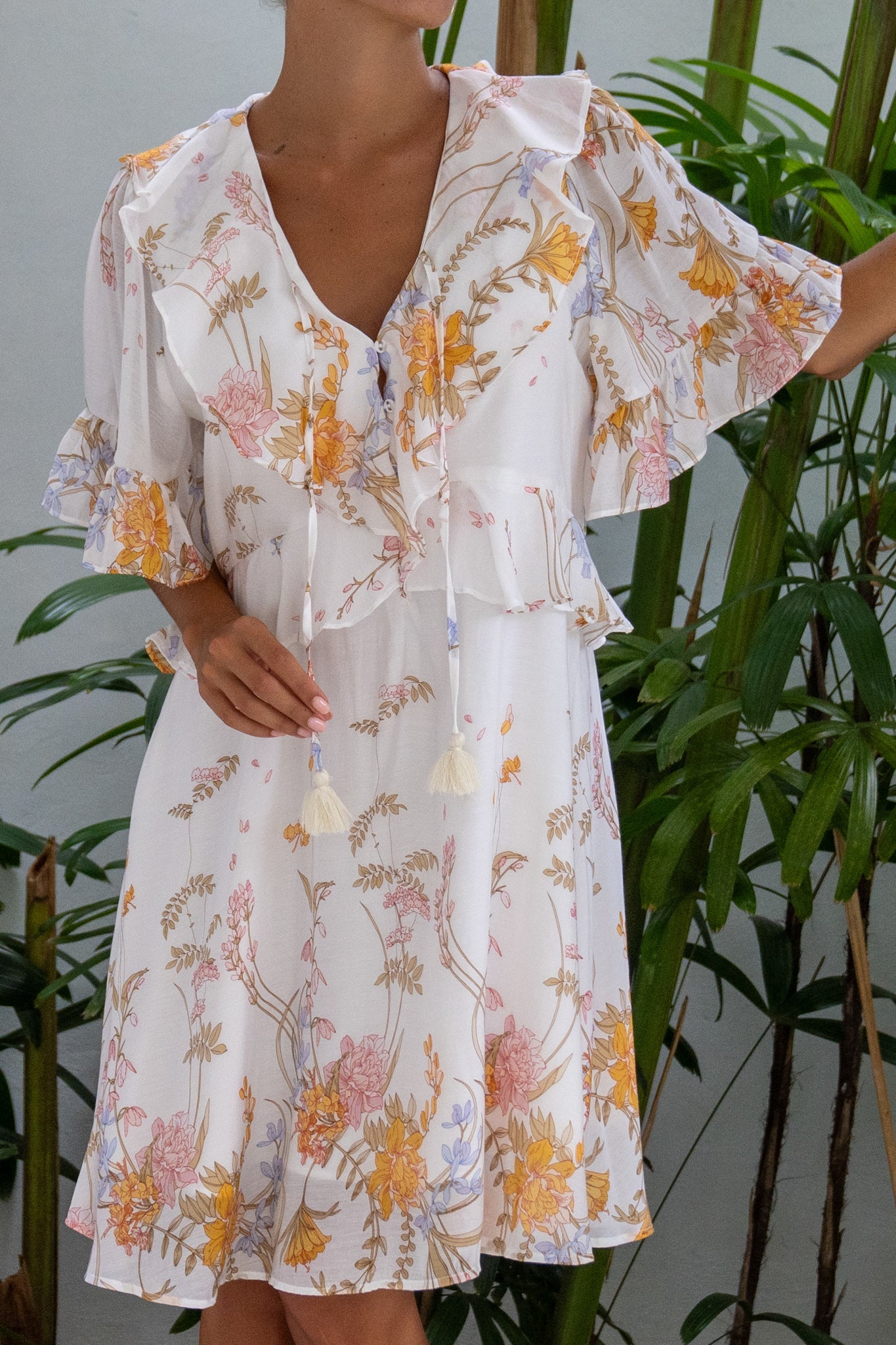 Heychic Emmeline Yellow Ruffle Mini Dress (Floral)