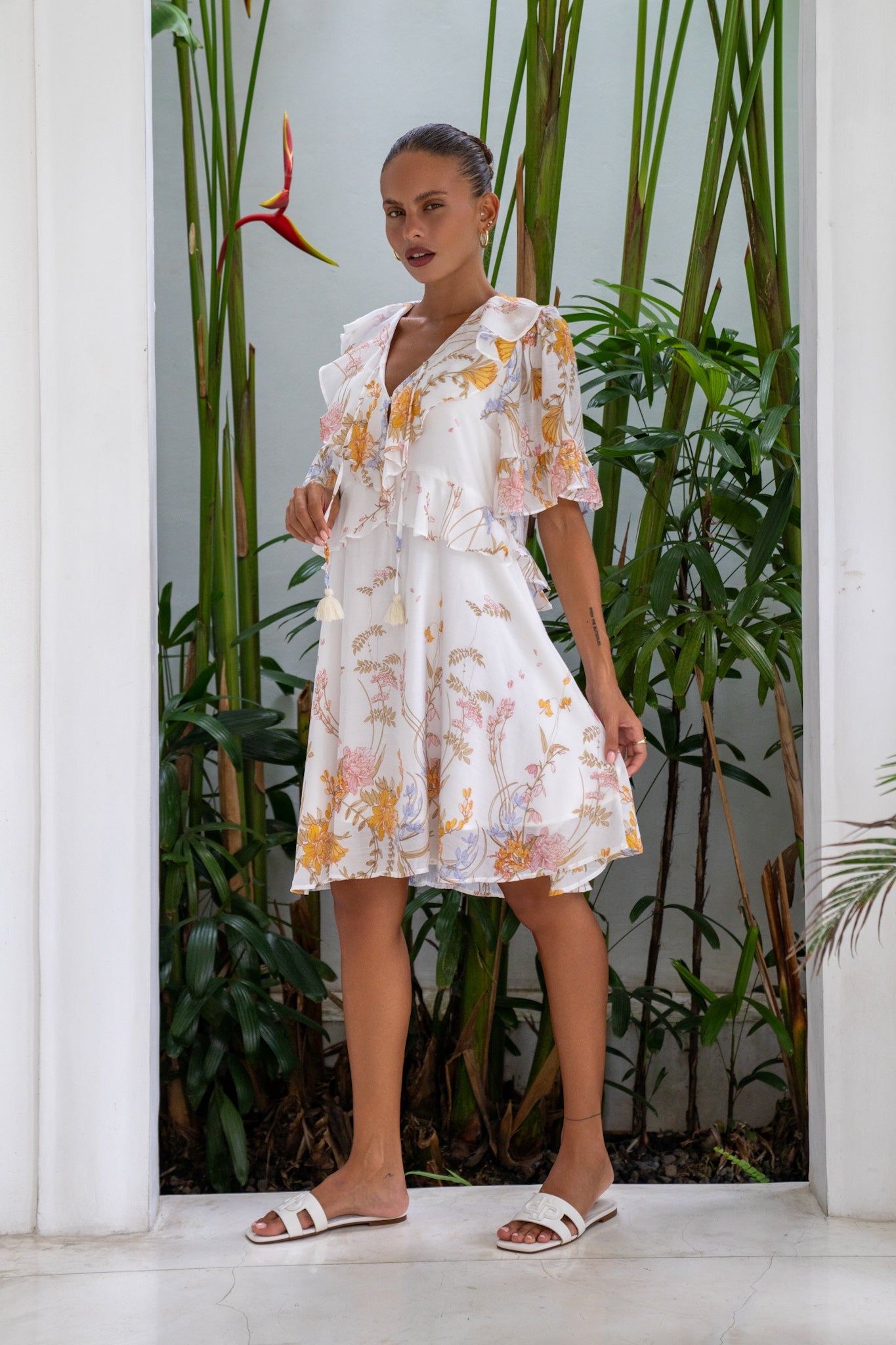 Heychic Emmeline Yellow Ruffle Mini Dress (Floral)