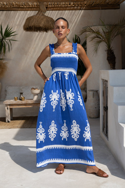 Image of Dresses. Productname: Heychic Lune Abstract Square Neck Maxi Dress in Blue colour by brand - Heychic