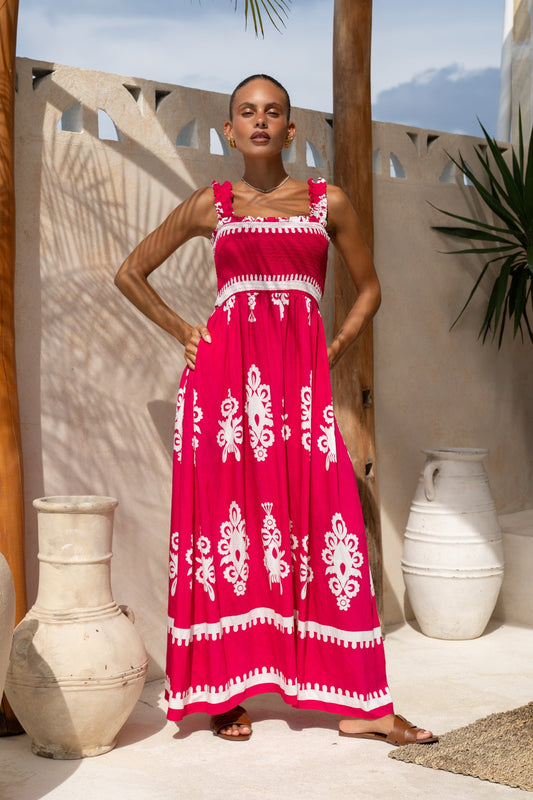 Image of Dresses. Productname: Lula Hot Pink Abstract Square Neck Maxi Dress in Pink colour by brand - Heychic