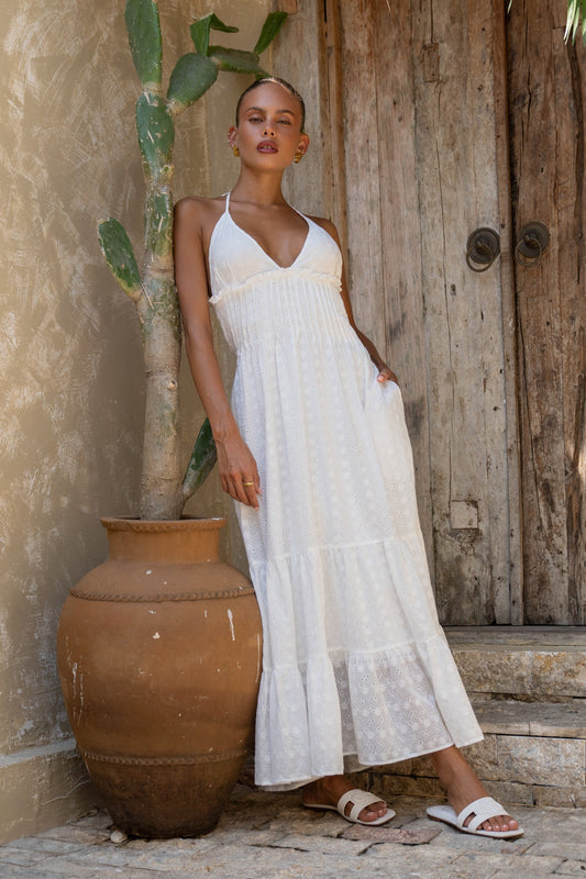 Image of Dresses. Productname: Serena White Eyelet Maxi Dress in White colour by brand - Heychic