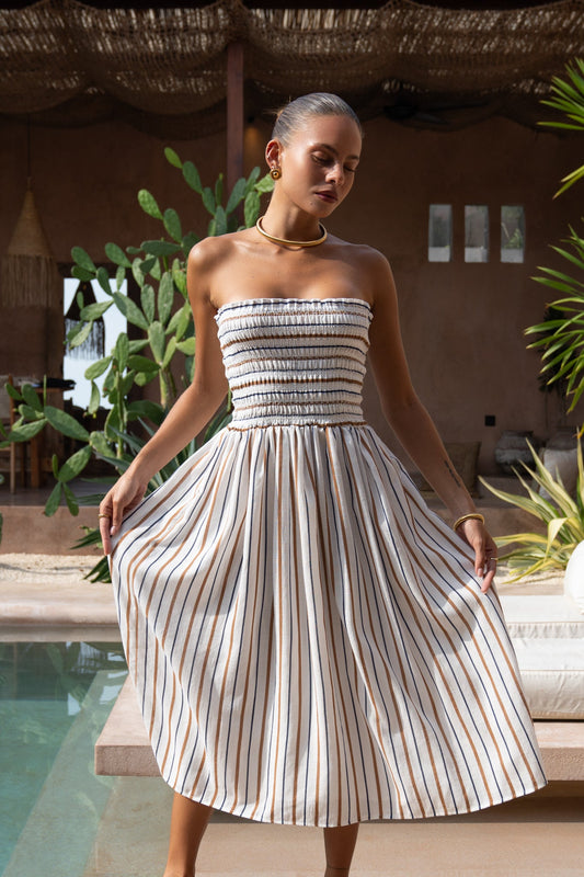 Image of Dresses. Productname: Sena Navy Brown Stripe Strapless Midi Dress in Brown colour by brand - Heychic